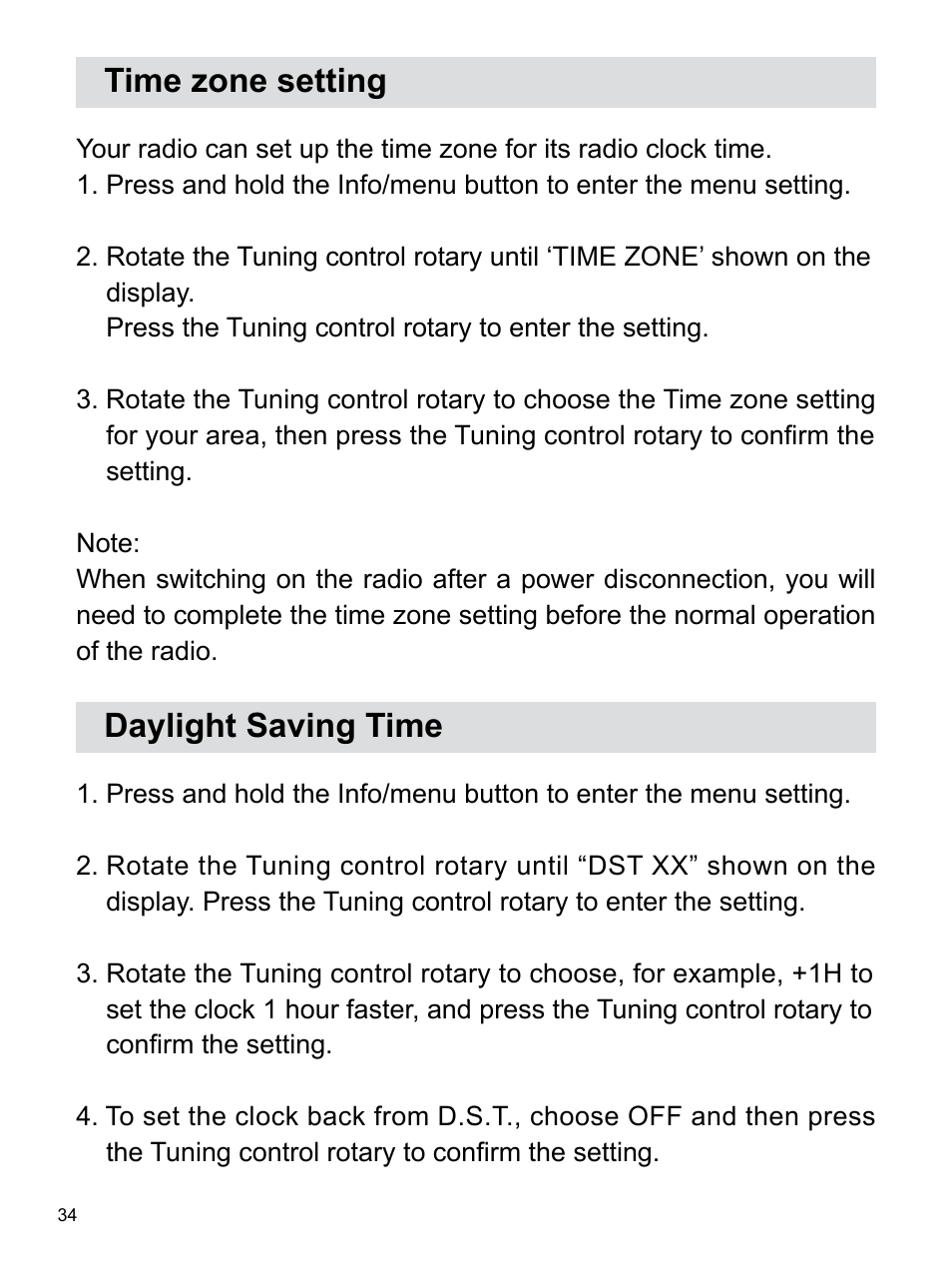 Time zone setting, Daylight saving time | Sangean WR-22 (V1) User Manual | Page 35 / 41