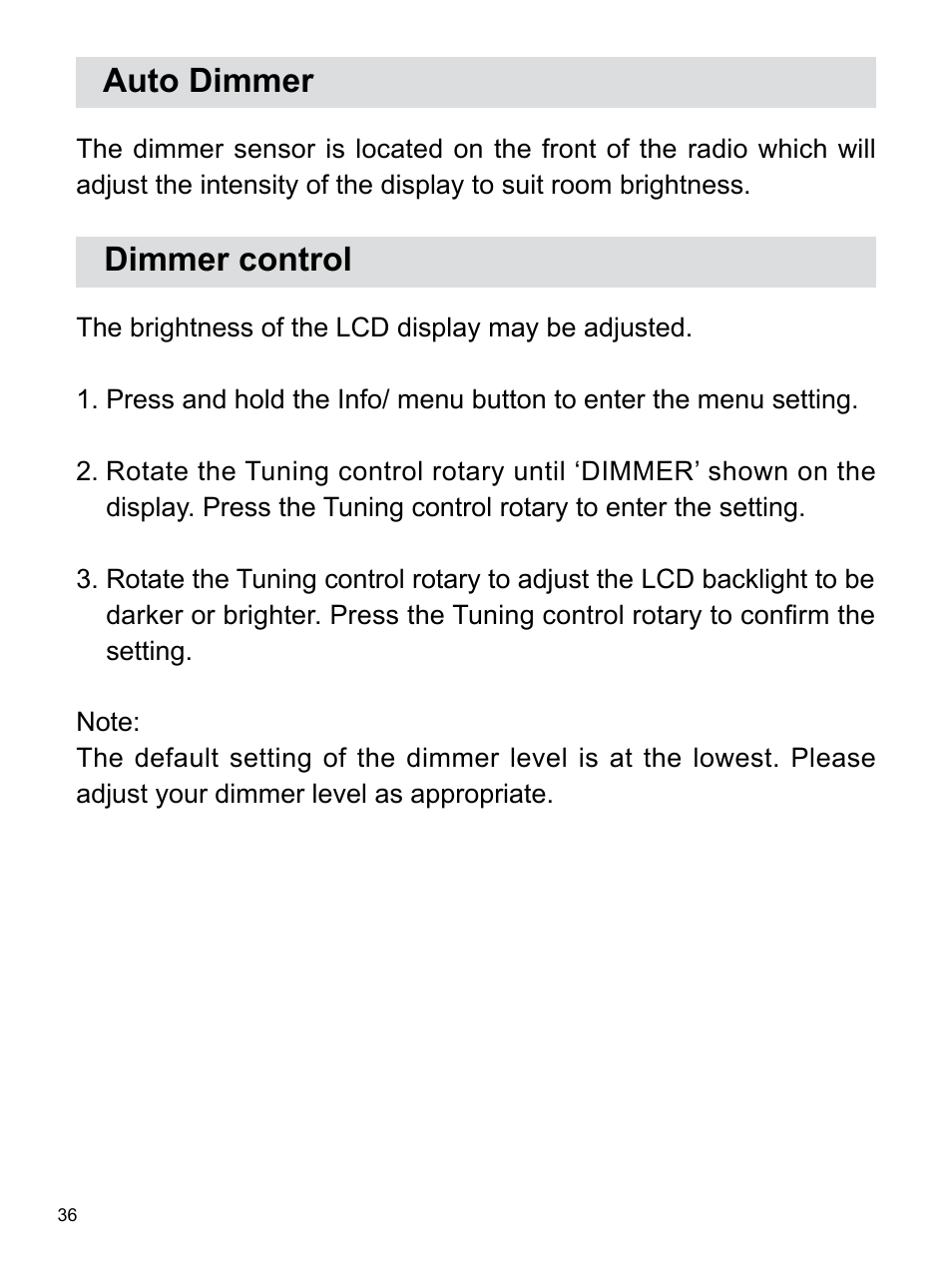 Auto dimmer, Dimmer control | Sangean WR-22 (V1) User Manual | Page 37 / 41