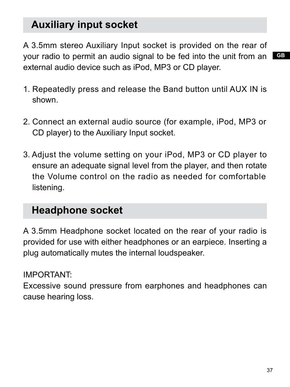 Auxiliary input socket, Headphone socket | Sangean WR-22 (V1) User Manual | Page 38 / 41