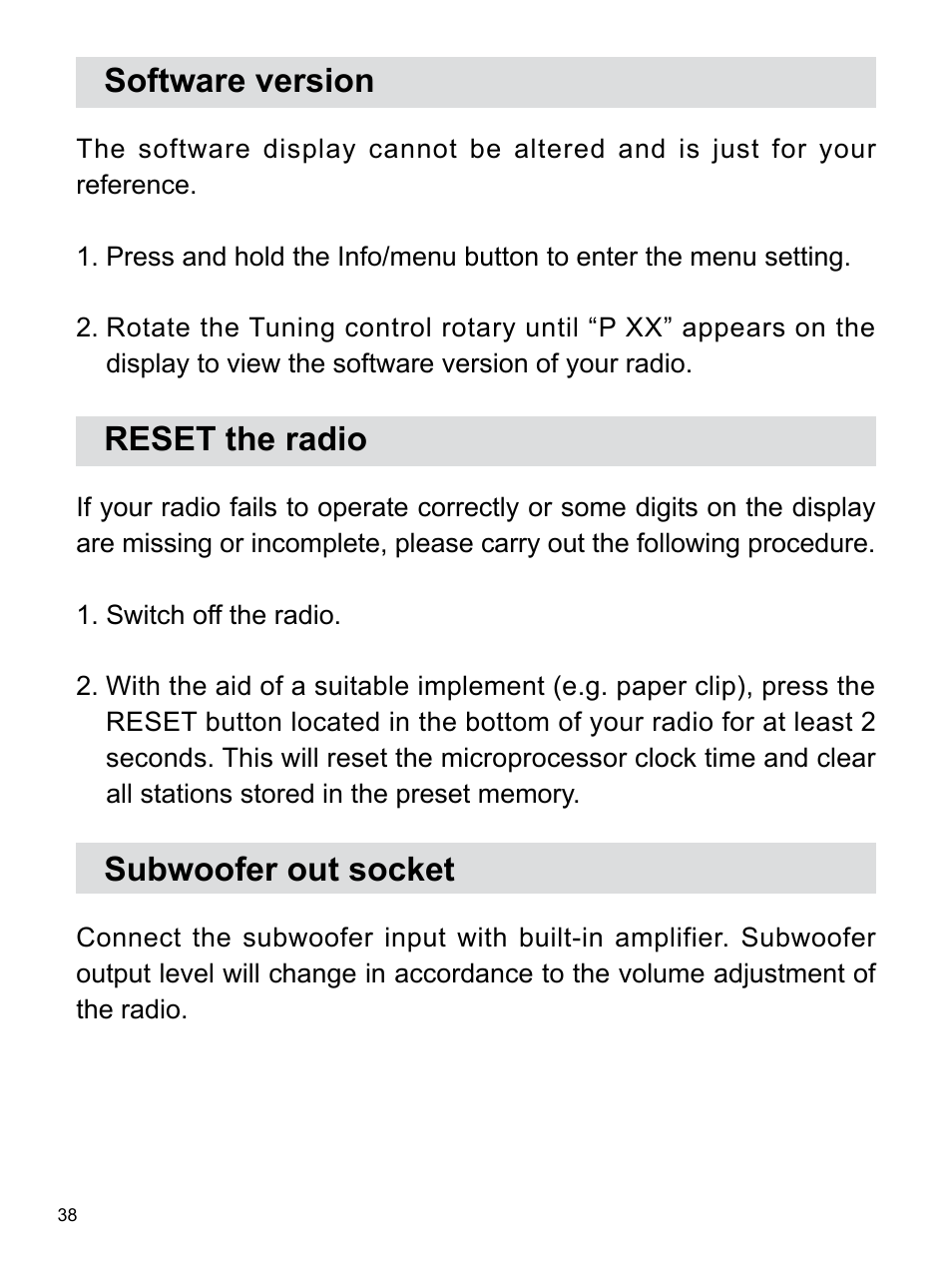 Software version, Reset the radio, Subwoofer out socket | Sangean WR-22 (V1) User Manual | Page 39 / 41