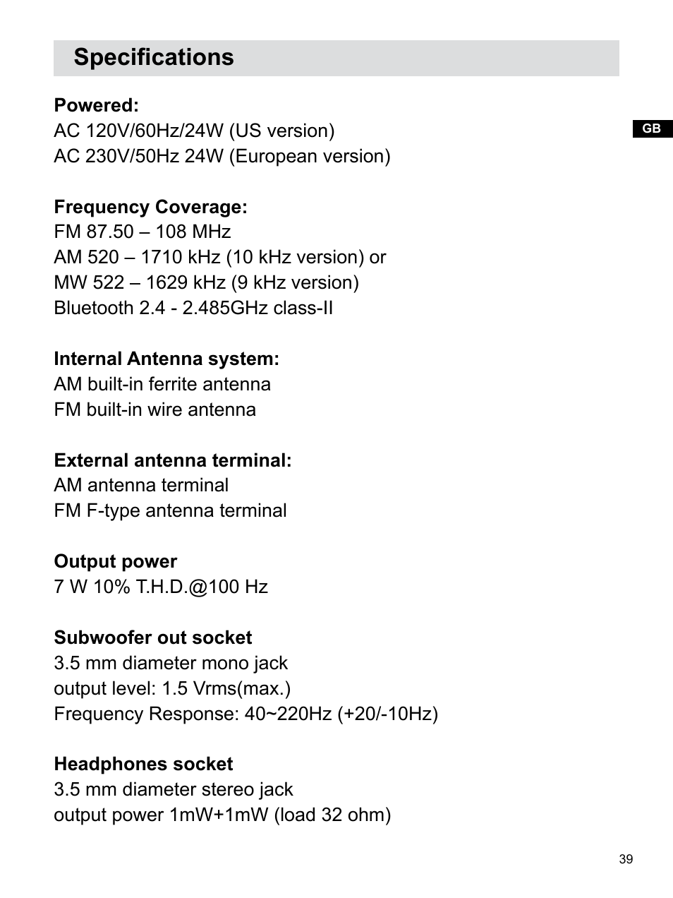 Specifications | Sangean WR-22 (V1) User Manual | Page 40 / 41