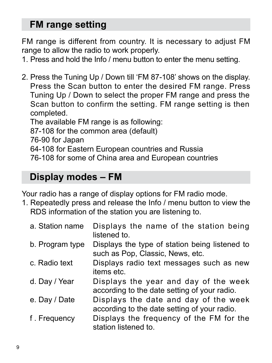 Fm range setting, Display modes – fm | Sangean PR-D14USB (R1) User Manual | Page 10 / 23