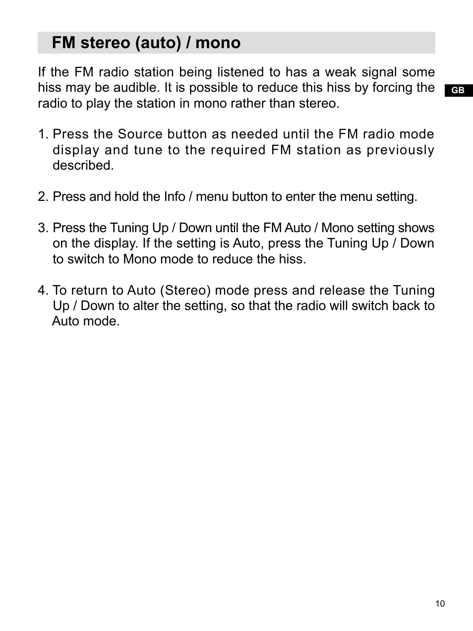 Fm stereo (auto) / mono | Sangean PR-D14USB (R1) User Manual | Page 11 / 23