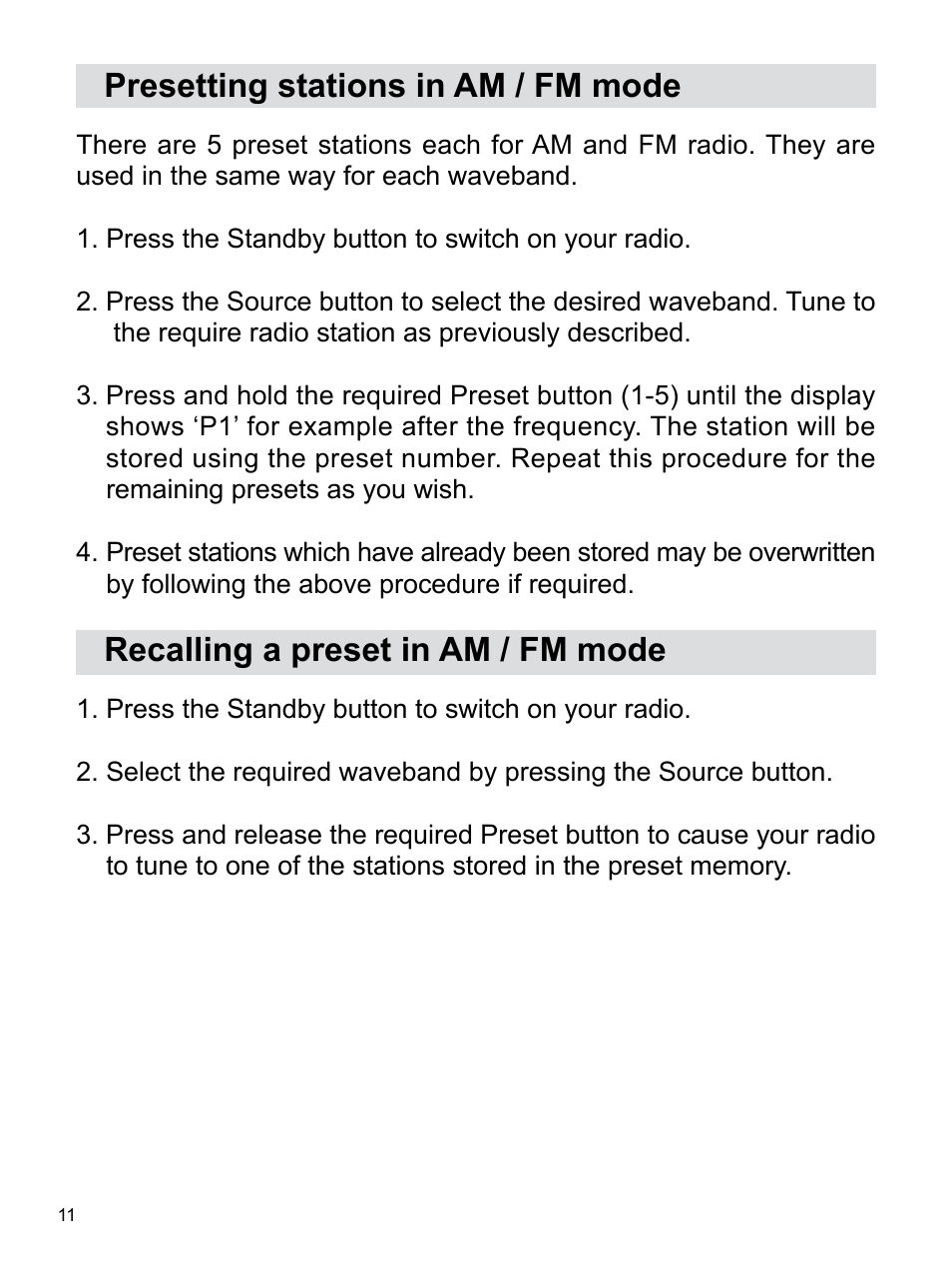 Presetting stations in am / fm mode, Recalling a preset in am / fm mode | Sangean PR-D14USB (R1) User Manual | Page 12 / 23