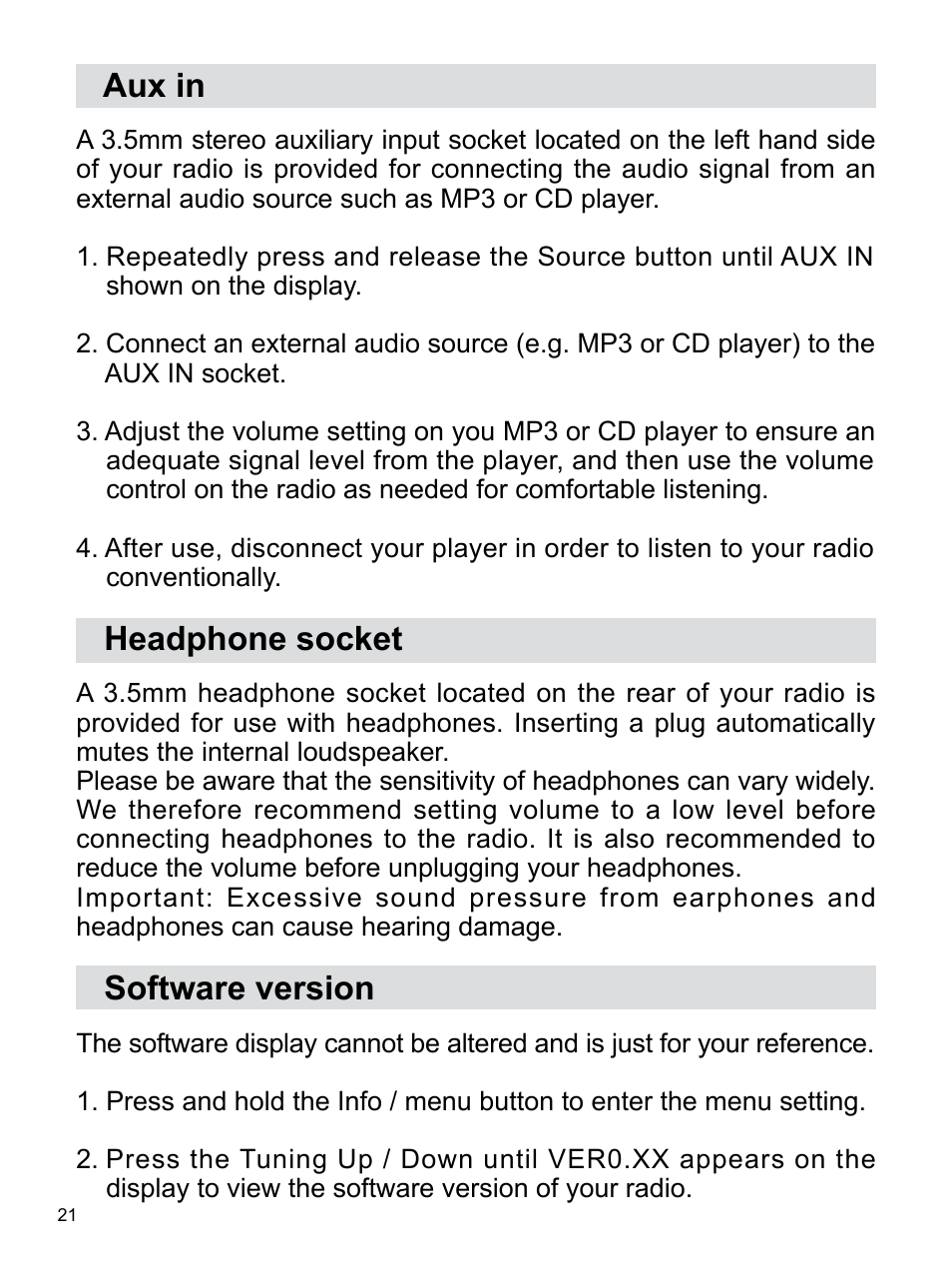 Aux in, Headphone socket, Software version | Sangean PR-D14USB (R1) User Manual | Page 22 / 23