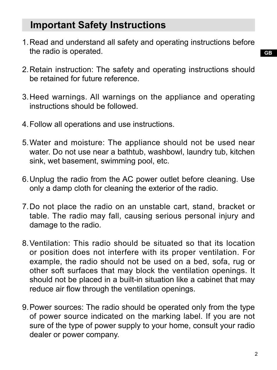 Important safety instructions | Sangean PR-D14USB (R1) User Manual | Page 3 / 23