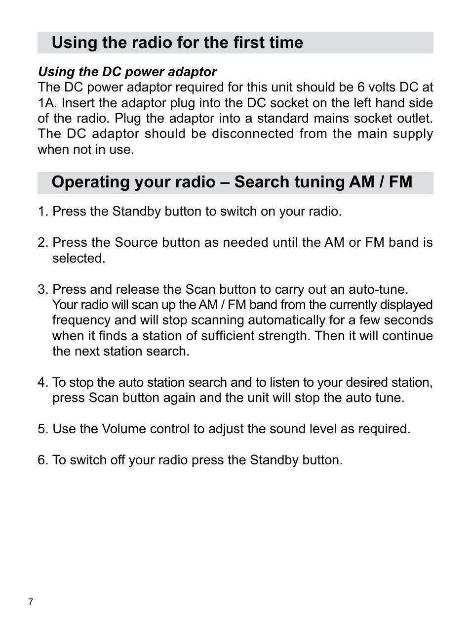 Using the radio for the first time, Operating your radio – search tuning am / fm | Sangean PR-D14USB (R1) User Manual | Page 8 / 23