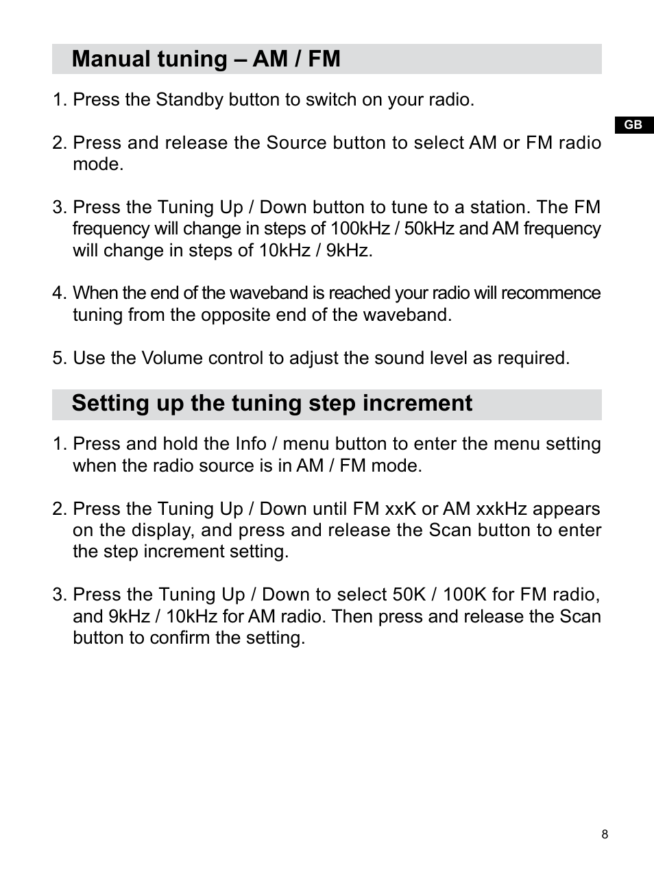 Manual tuning – am / fm, Setting up the tuning step increment | Sangean PR-D14USB (R1) User Manual | Page 9 / 23