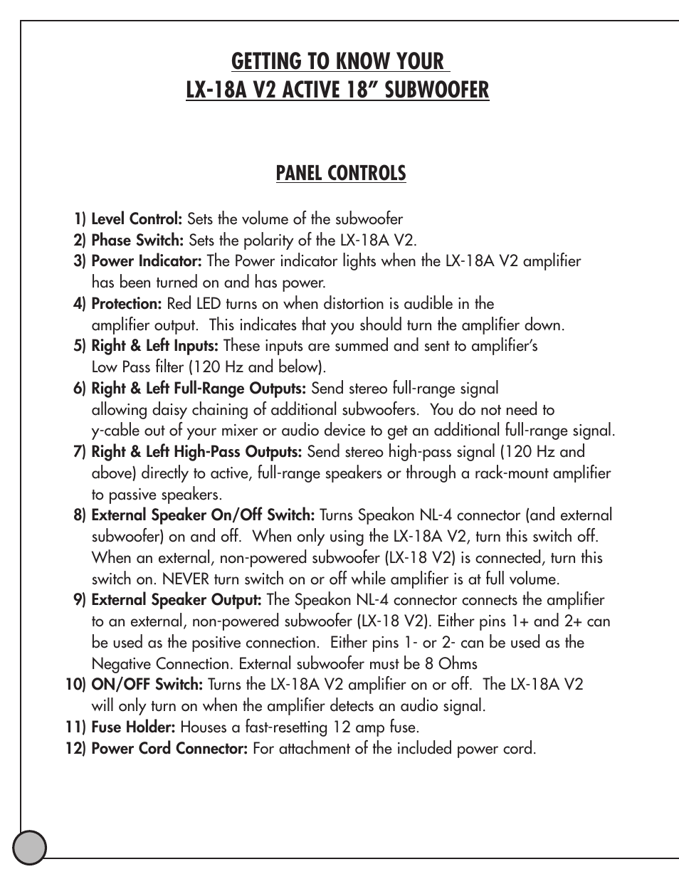 Panel controls | ETI Sound Systems, INC LX18A V2 User Manual | Page 4 / 8