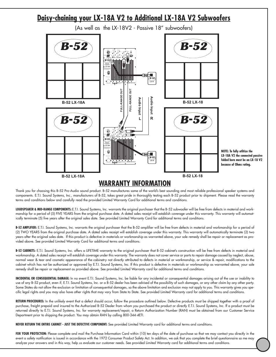 B 52, Warranty information | ETI Sound Systems, INC LX18A V2 User Manual | Page 7 / 8