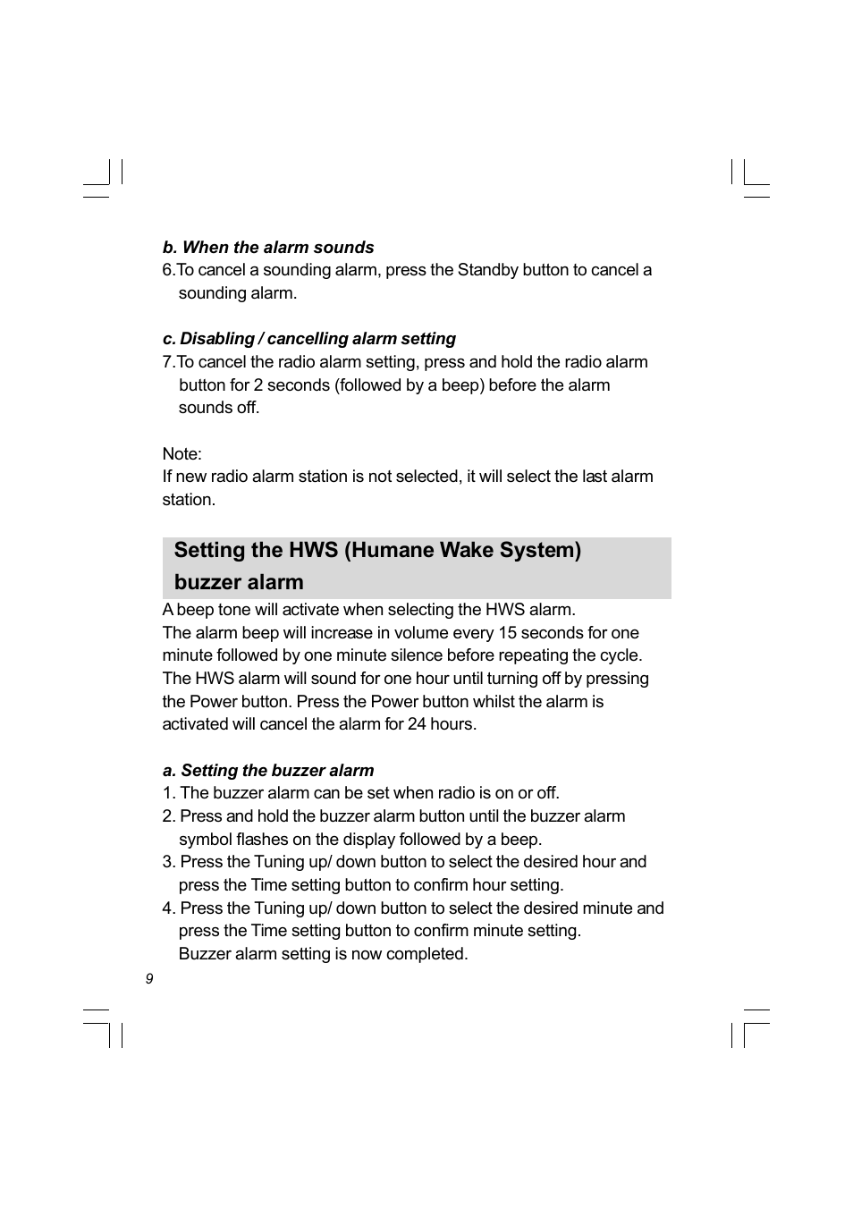 Setting the hws (humane wake system) buzzer alarm | Sangean PR-D4 (R2) User Manual | Page 10 / 14