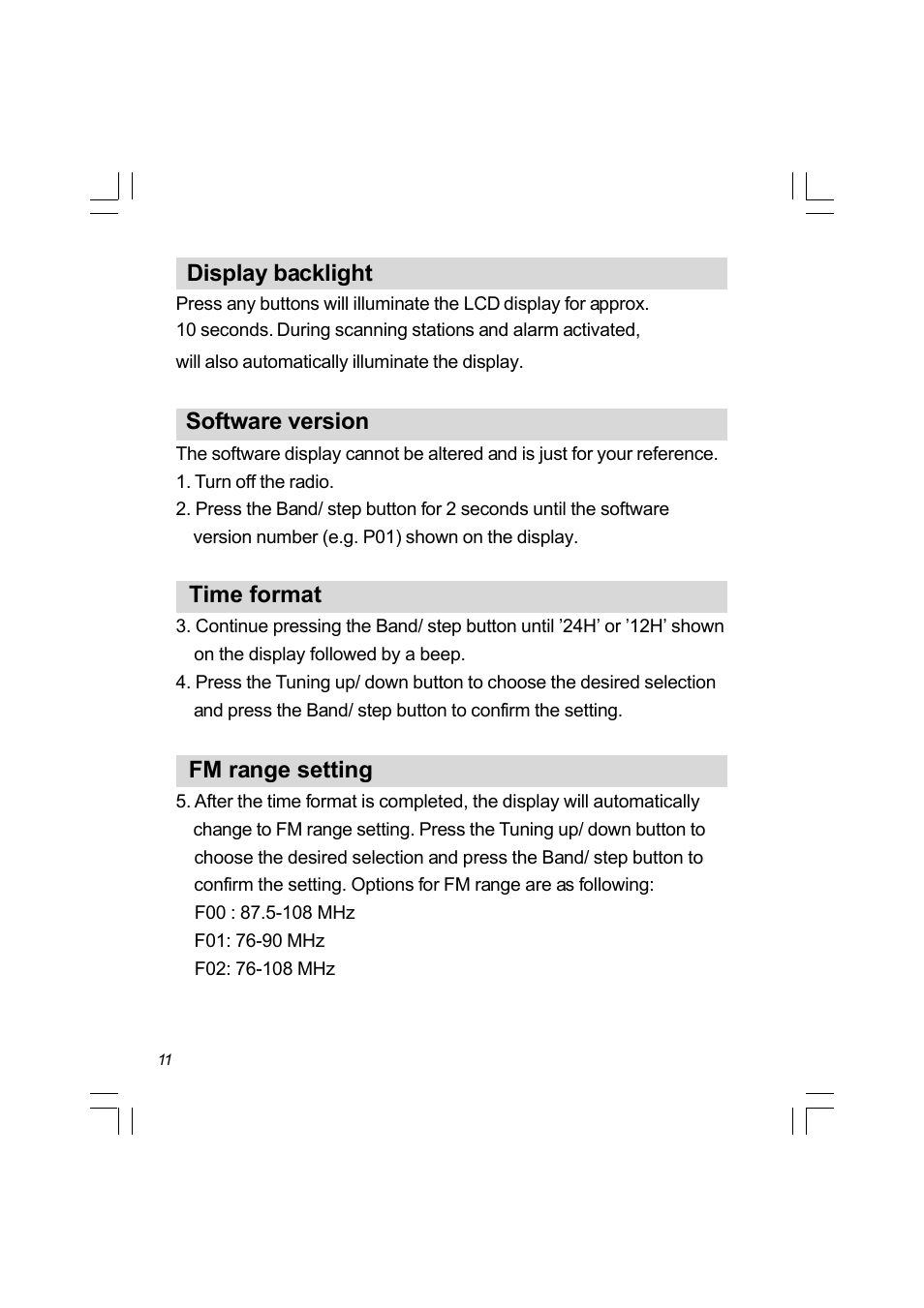 Display backlight, Software version, Time format | Fm range setting | Sangean PR-D4 (R2) User Manual | Page 12 / 14