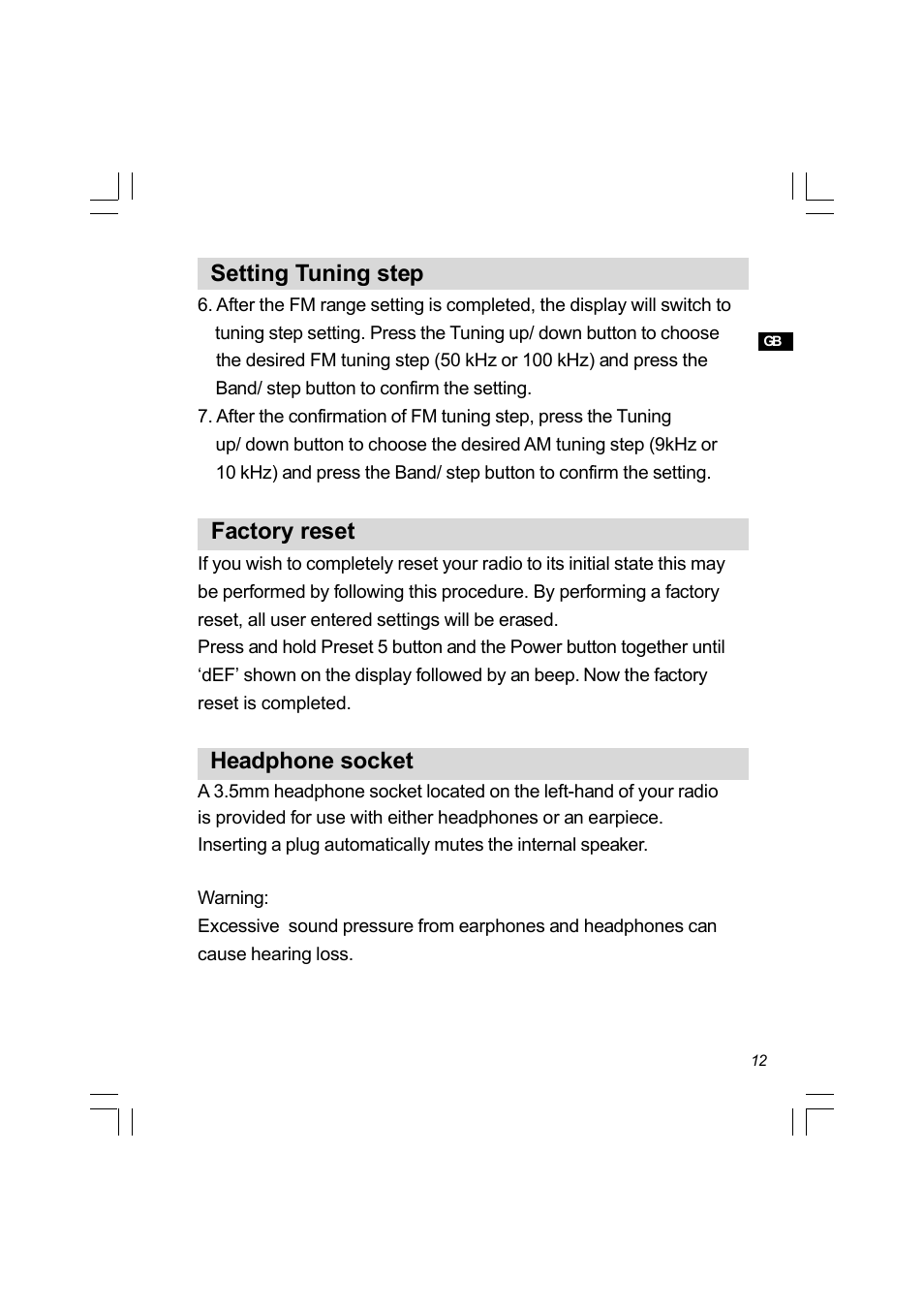 Setting tuning step, Factory reset, Headphone socket | Sangean PR-D4 (R2) User Manual | Page 13 / 14