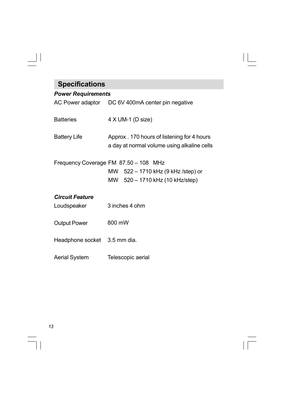 Specifications | Sangean PR-D4 (R2) User Manual | Page 14 / 14