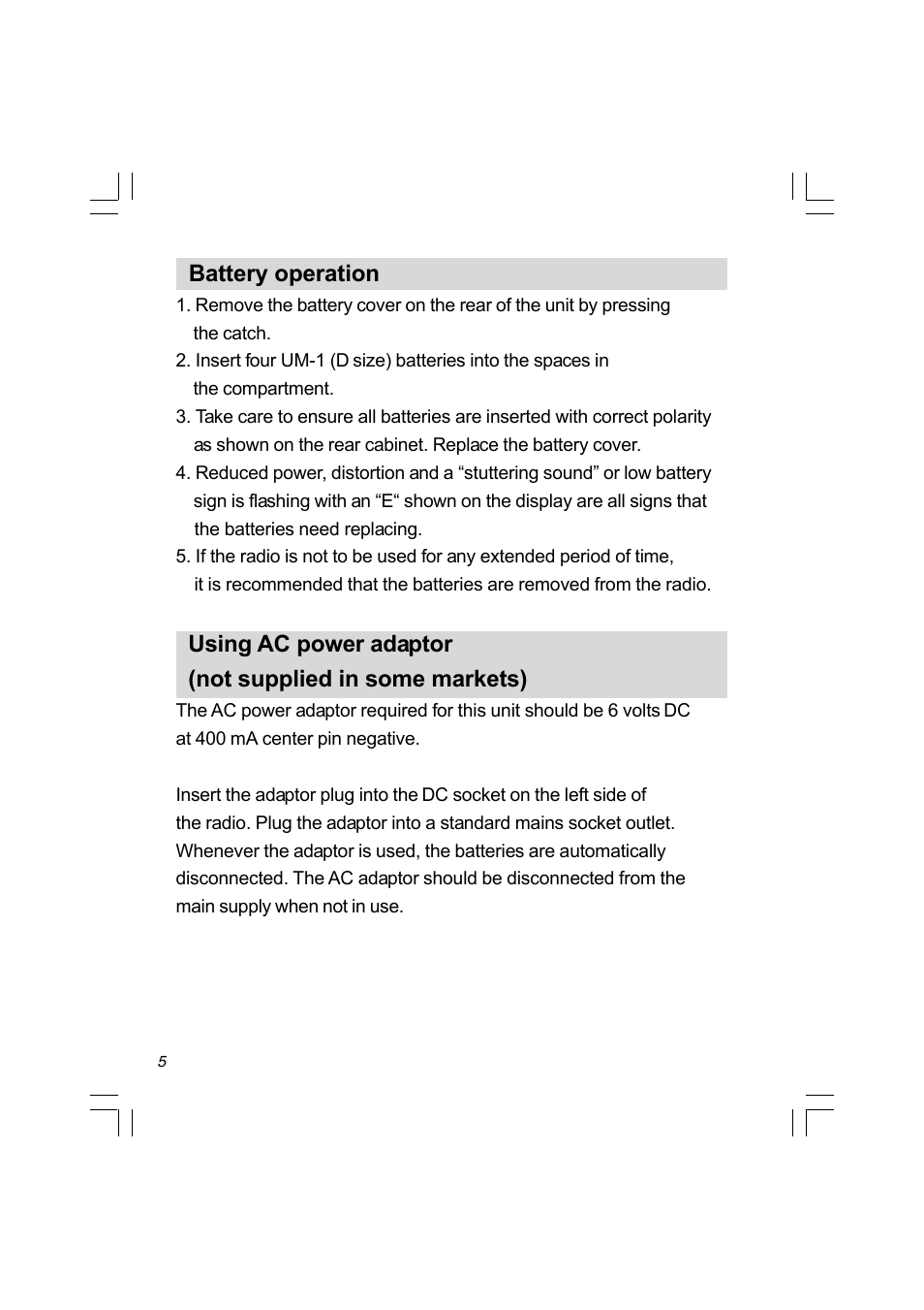 Battery operation | Sangean PR-D4 (R2) User Manual | Page 6 / 14