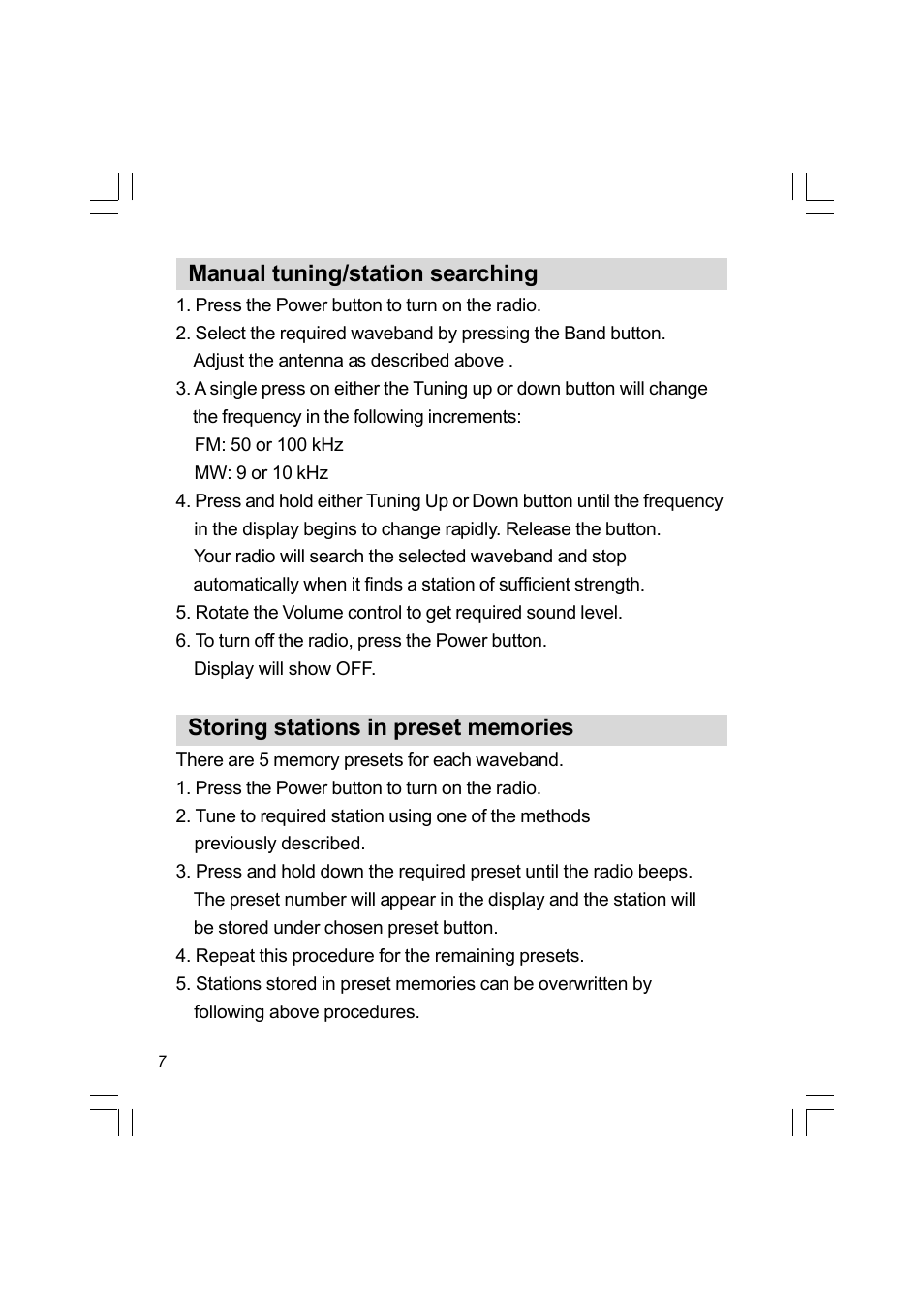 Manual tuning/station searching | Sangean PR-D4 (R2) User Manual | Page 8 / 14