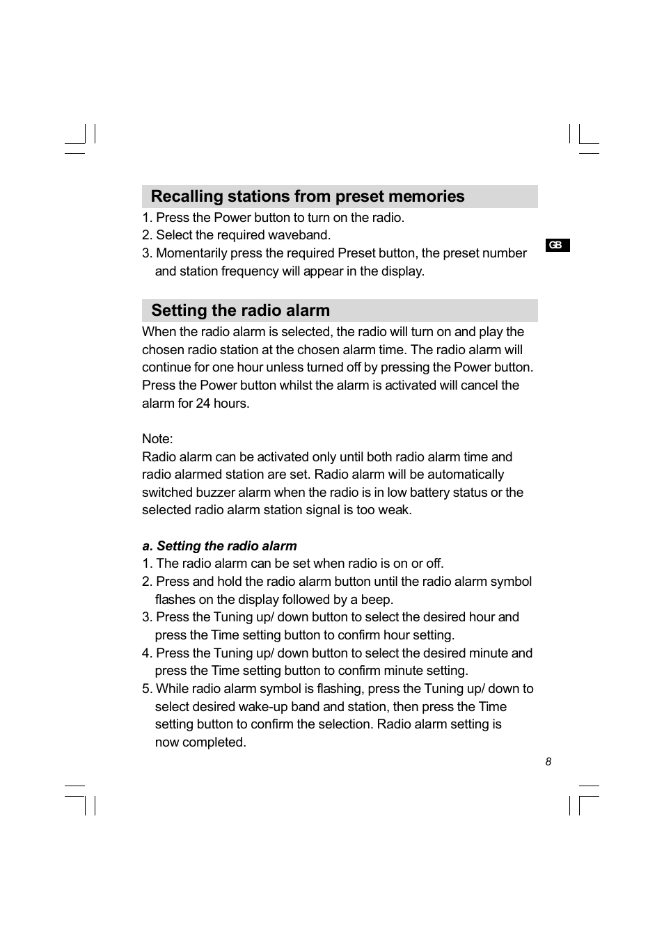 Setting the radio alarm | Sangean PR-D4 (R2) User Manual | Page 9 / 14