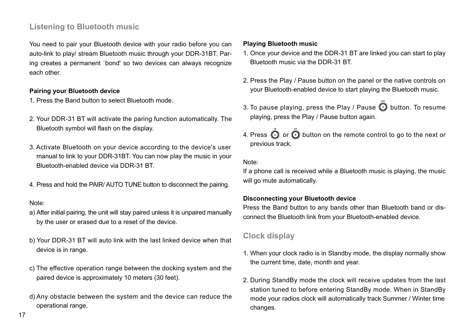 Listening to bluetooth music, Clock display | Sangean DDR-31BT (V1) User Manual | Page 18 / 36