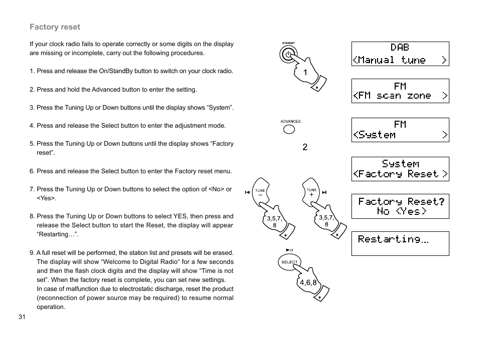 Factory reset | Sangean DDR-31BT (V1) User Manual | Page 32 / 36