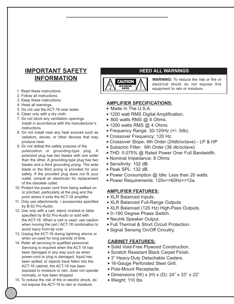 Important safety information, Inside this instruction manual | ETI Sound Systems, INC ACT18 User Manual | Page 2 / 8
