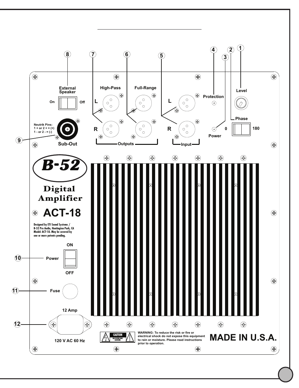 B 52, Act-18, Made in u.s.a | Digital amplifier, Act-18 digital amplifier | ETI Sound Systems, INC ACT18 User Manual | Page 5 / 8