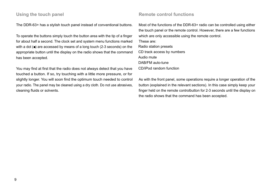 Using the touch panel, Remote control functions | Sangean DDR-63+ (R1) User Manual | Page 10 / 107