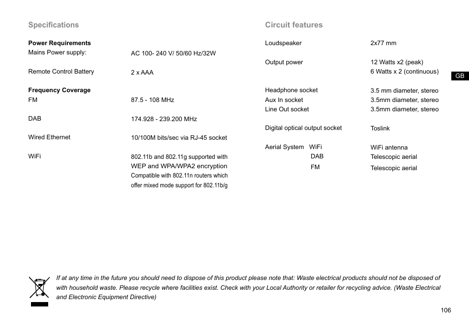 Specifications, Circuit features | Sangean DDR-63+ (R1) User Manual | Page 107 / 107