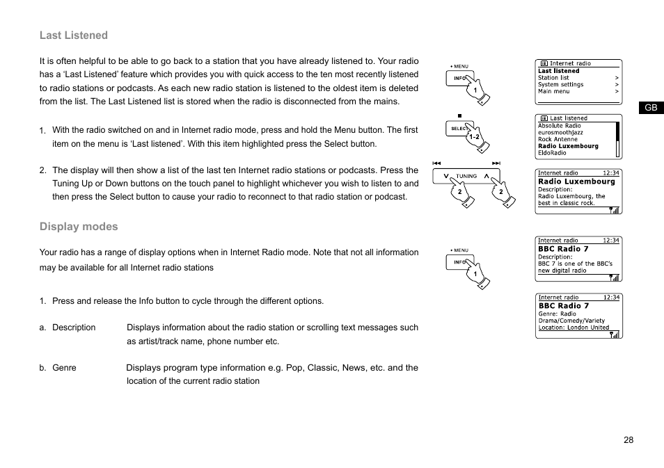 Last listened, Display modes | Sangean DDR-63+ (R1) User Manual | Page 29 / 107
