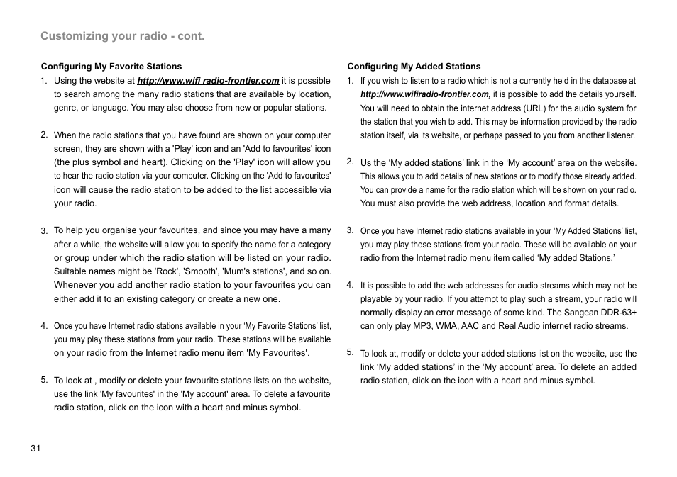 Customizing your radio - cont | Sangean DDR-63+ (R1) User Manual | Page 32 / 107