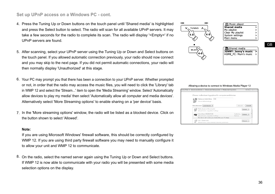 Set up upnp access on a windows pc - cont | Sangean DDR-63+ (R1) User Manual | Page 37 / 107