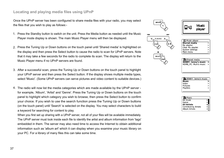 Locating and playing media files using upnp | Sangean DDR-63+ (R1) User Manual | Page 38 / 107