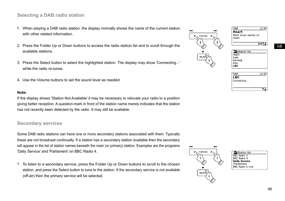 Selecting a dab radio station, Secondary services | Sangean DDR-63+ (R1) User Manual | Page 47 / 107