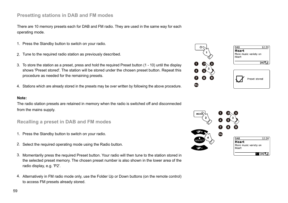 Presetting stations in dab and fm modes, Recalling a preset in dab and fm modes | Sangean DDR-63+ (R1) User Manual | Page 60 / 107