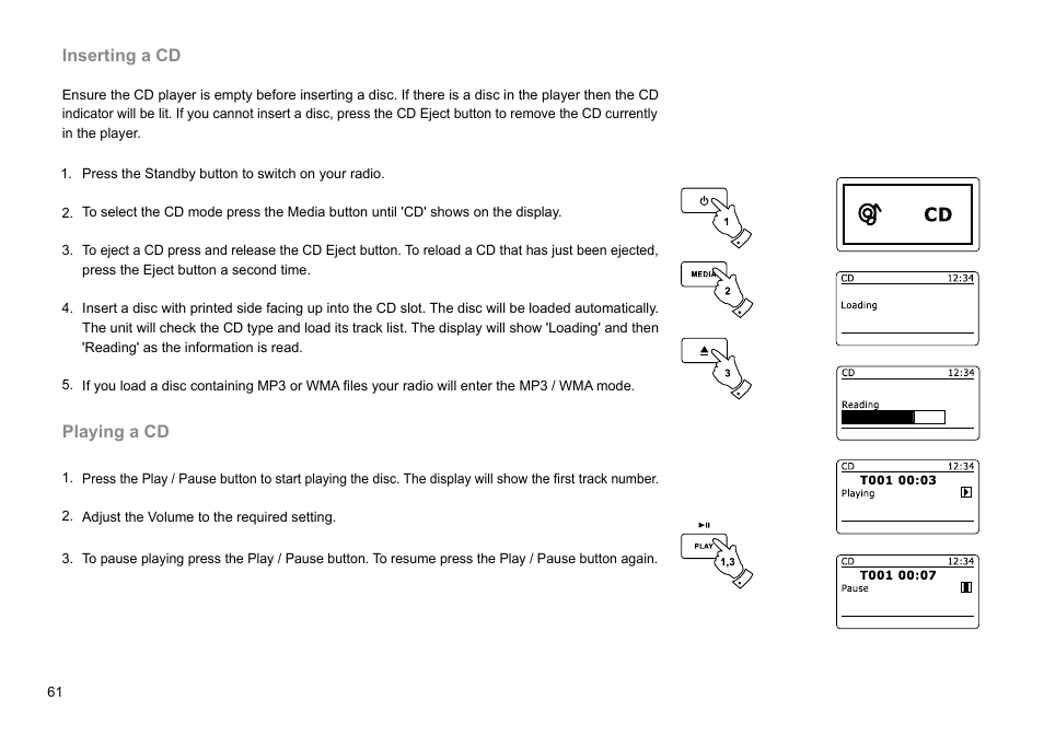 Inserting a cd, Playing a cd | Sangean DDR-63+ (R1) User Manual | Page 62 / 107