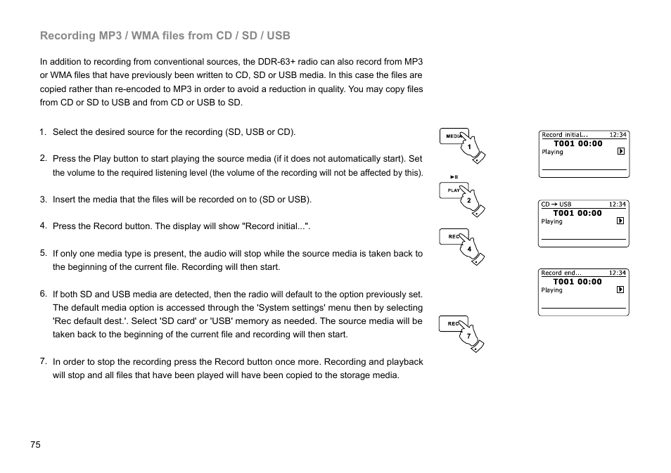 Recording mp3 / wma files from cd / sd / usb | Sangean DDR-63+ (R1) User Manual | Page 76 / 107
