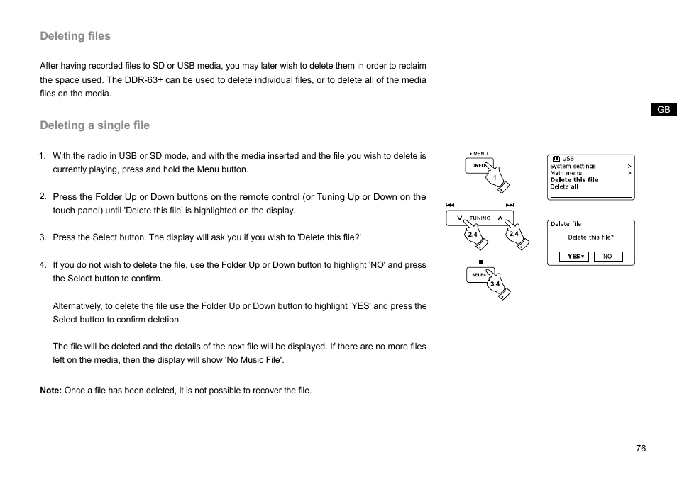 Deleting files, Deleting a single file | Sangean DDR-63+ (R1) User Manual | Page 77 / 107
