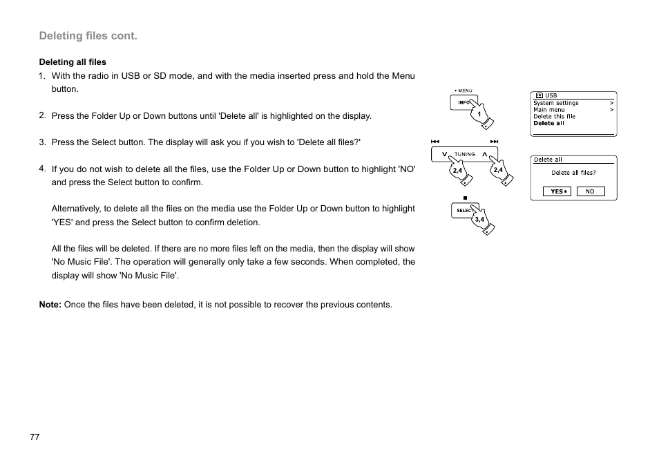 Deleting files cont | Sangean DDR-63+ (R1) User Manual | Page 78 / 107
