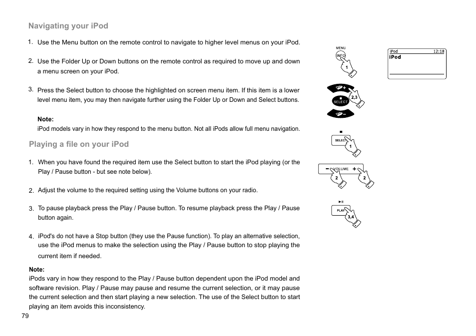 Navigating your ipod, Playing a file on your ipod | Sangean DDR-63+ (R1) User Manual | Page 80 / 107