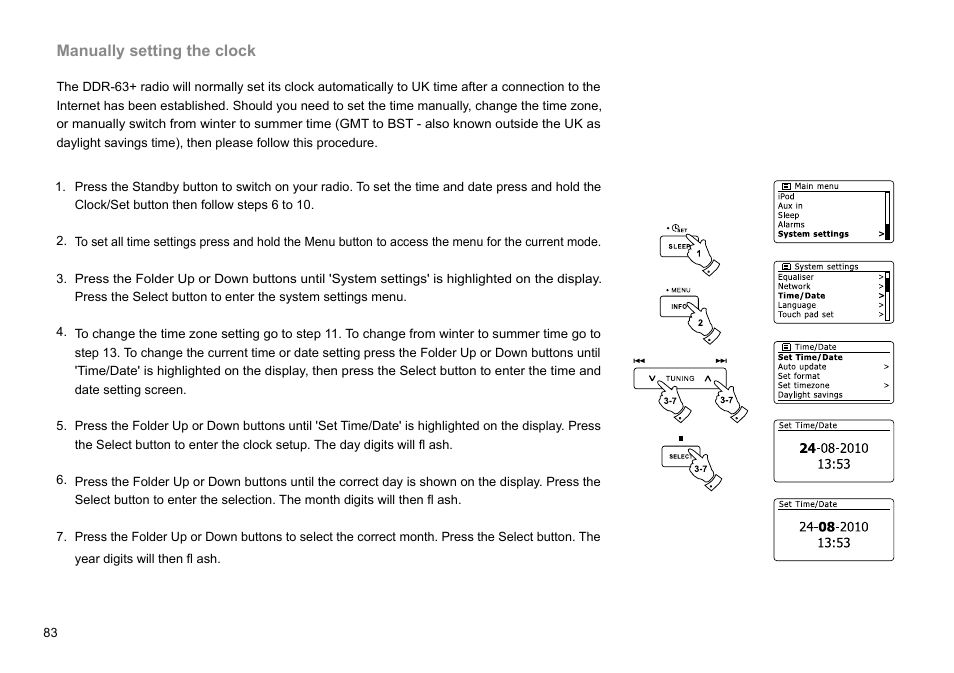 Manually setting the clock | Sangean DDR-63+ (R1) User Manual | Page 84 / 107