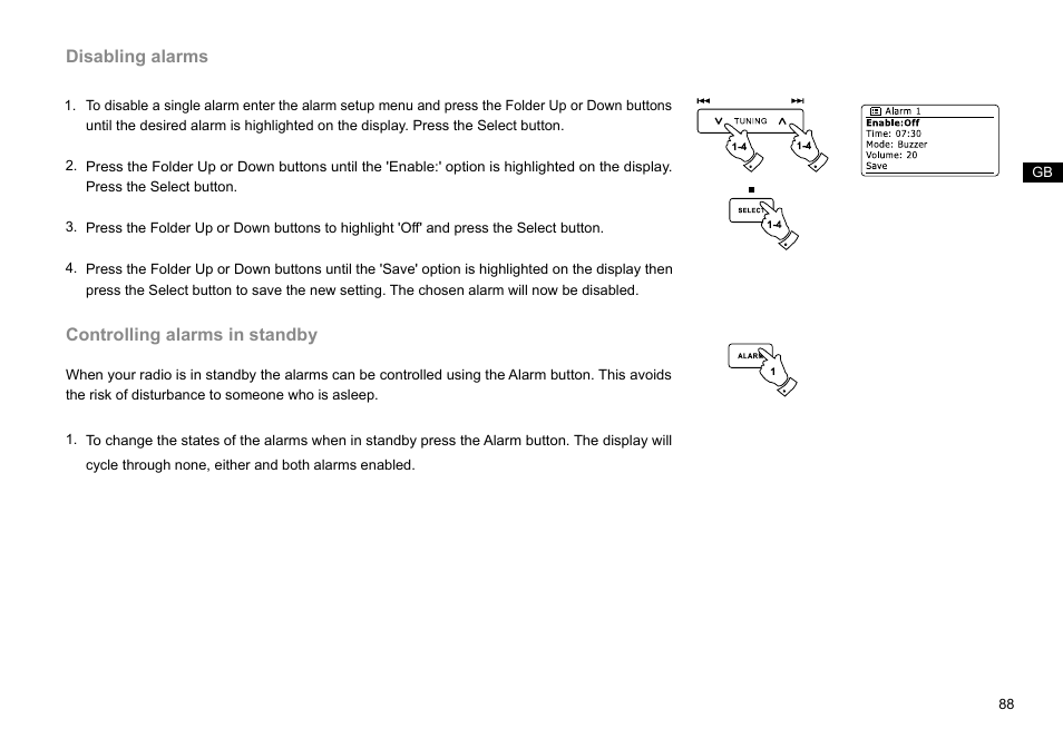 Disabling alarms, Controlling alarms in standby | Sangean DDR-63+ (R1) User Manual | Page 89 / 107