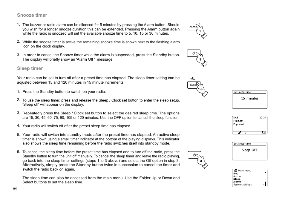 Snooze timer, Sleep timer | Sangean DDR-63+ (R1) User Manual | Page 90 / 107