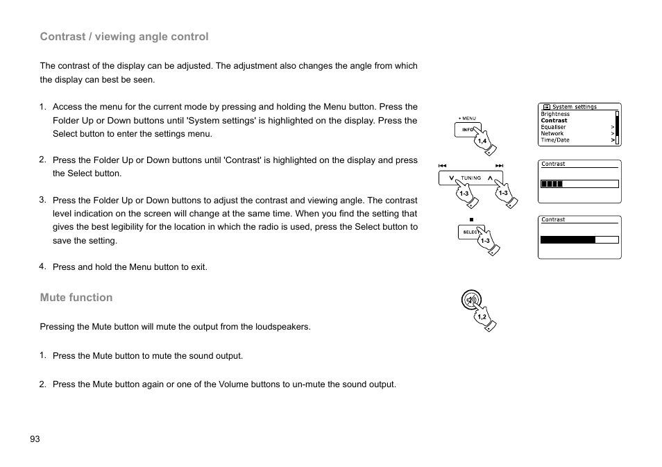 Contrast / viewing angle control, Mute function | Sangean DDR-63+ (R1) User Manual | Page 94 / 107