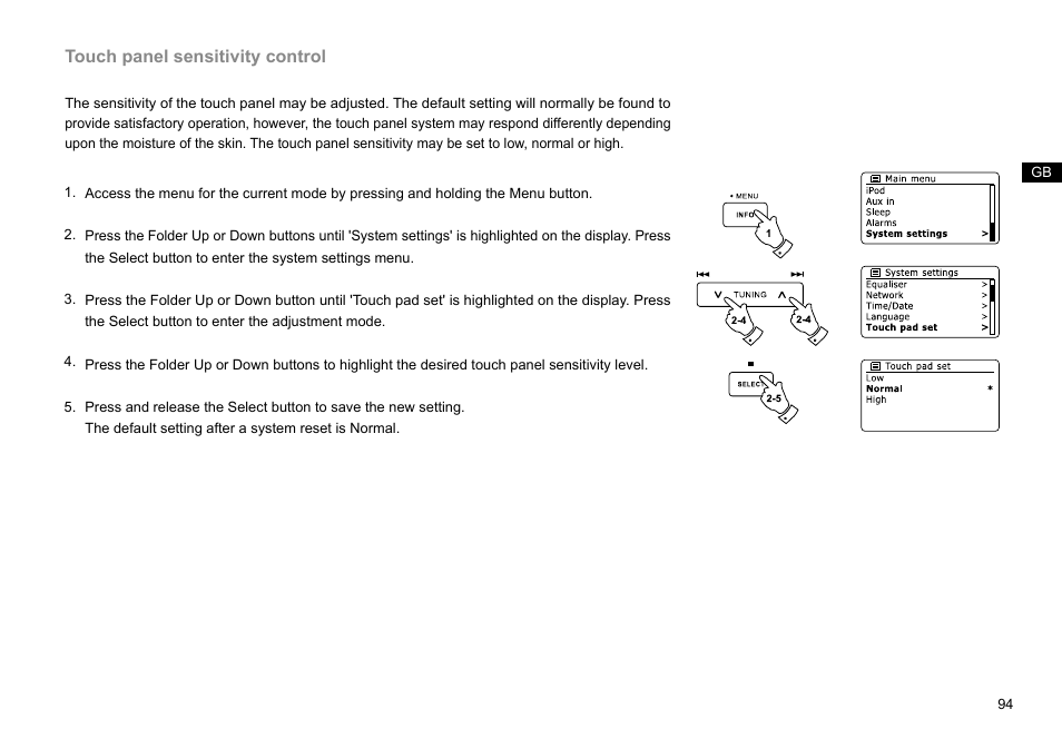 Touch panel sensitivity control | Sangean DDR-63+ (R1) User Manual | Page 95 / 107
