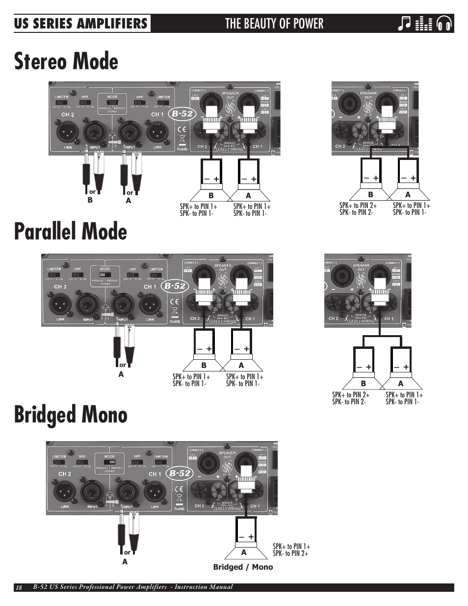 Stereo mode parallel mode bridged mono, The beauty of power, Us series amplifiers | ETI Sound Systems, INC US-3000 User Manual | Page 18 / 24