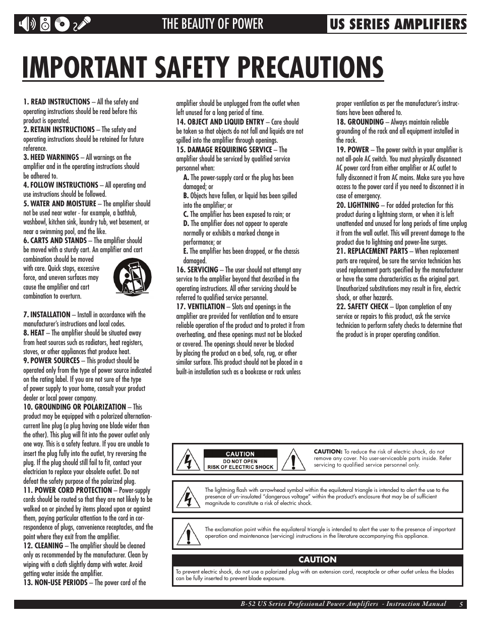 Important safety precautions, The beauty of power us series amplifiers | ETI Sound Systems, INC US-3000 User Manual | Page 5 / 24