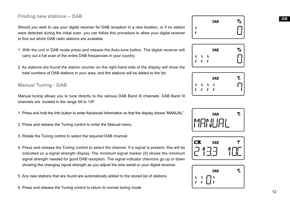 Finding new stations – dab, Manual tuning - dab | Sangean DPR-45 (V1) User Manual | Page 13 / 33