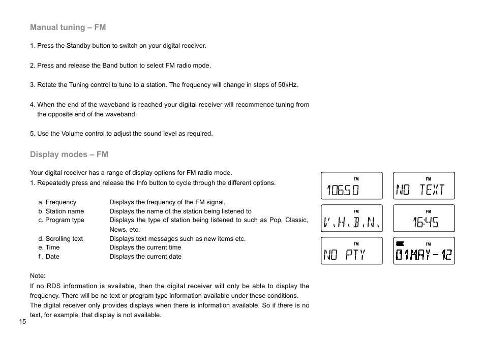 Manual tuning – fm, Display modes – fm | Sangean DPR-45 (V1) User Manual | Page 16 / 33