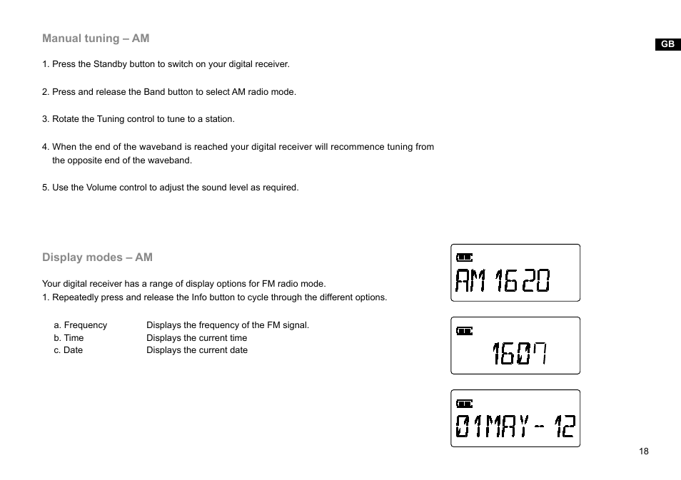 Manual tuning – am, Display modes – am | Sangean DPR-45 (V1) User Manual | Page 19 / 33