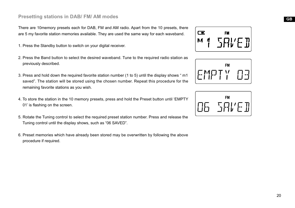 Presetting stations in dab/ fm/ am modes | Sangean DPR-45 (V1) User Manual | Page 21 / 33