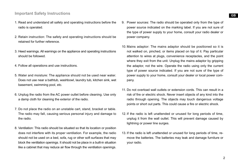 Important safety instructions | Sangean DPR-45 (V1) User Manual | Page 3 / 33